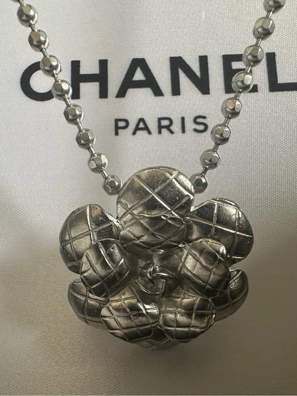 Vintage CHANEL 98A Silver Quilted Camellia CC Necklace 16” Box